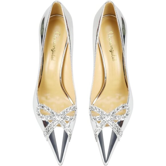 Women's Silver Pointed Butterfly Decoration Shallow 3.9in Stiletto Pumps Heels - Picture 6 of 7